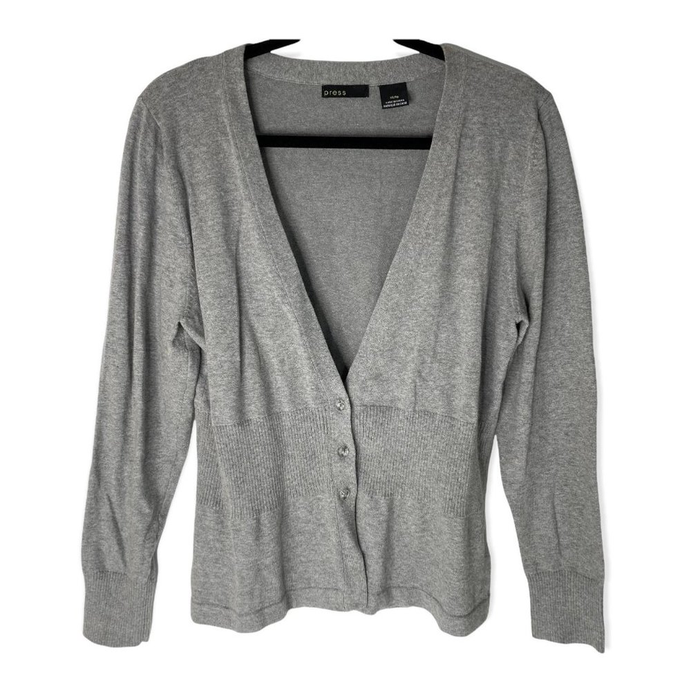 press Grey Cardigan Fitted Waist Cotton V-neck Size XL